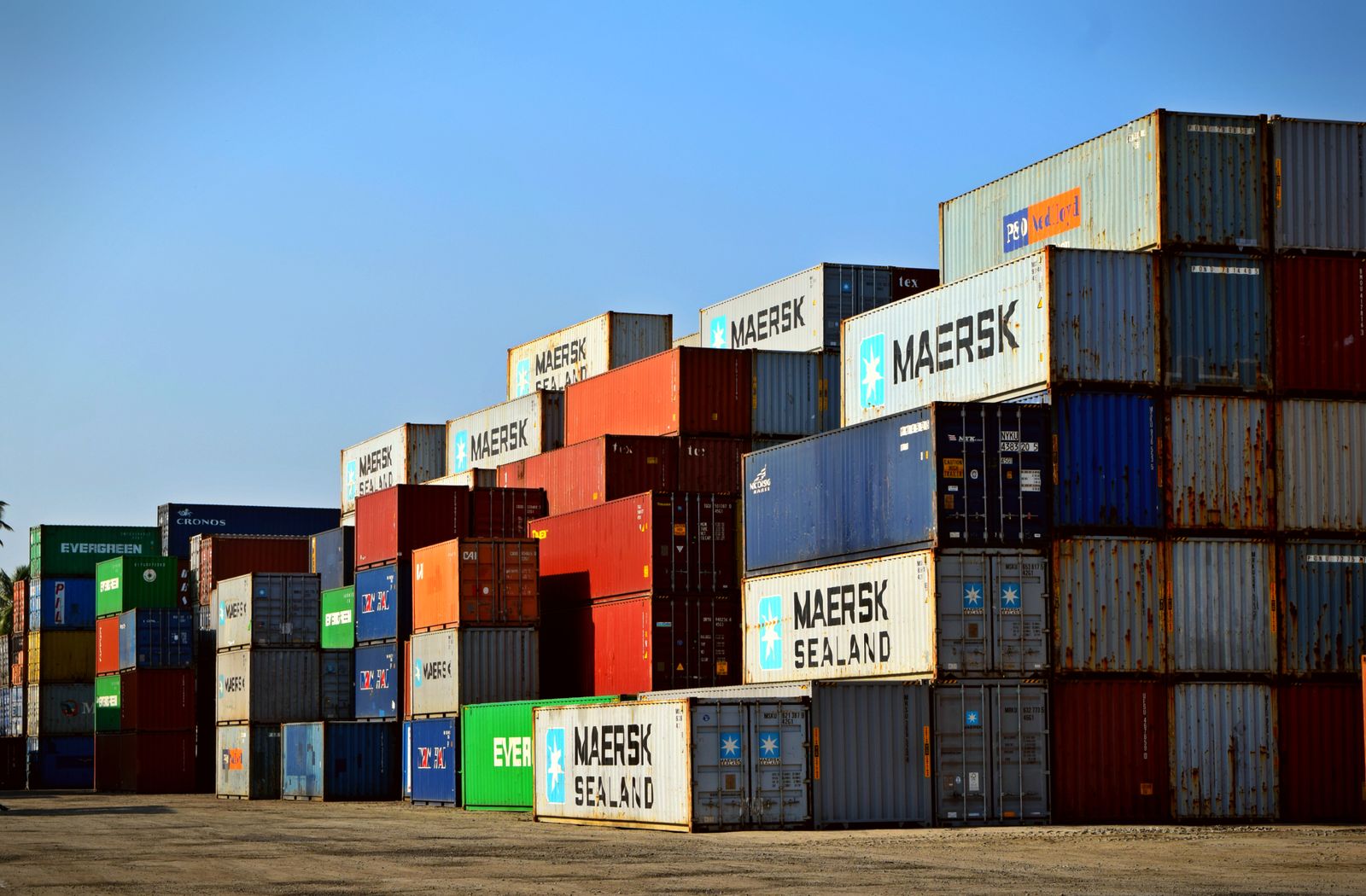 Stacked shipping containers at a port